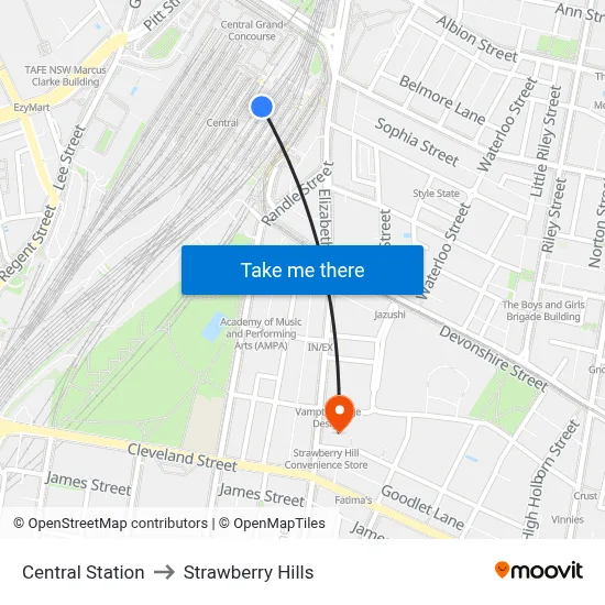 Central Station to Strawberry Hills map