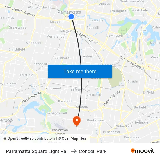 Parramatta Square Light Rail to Condell Park map