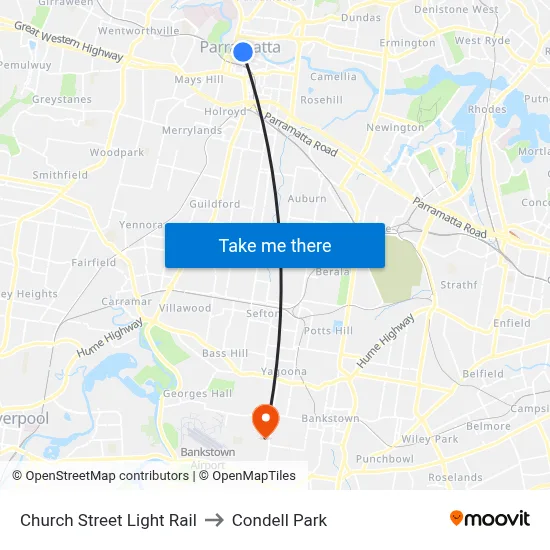 Church Street Light Rail to Condell Park map