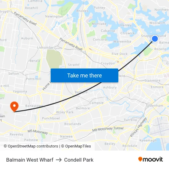 Balmain West Wharf to Condell Park map