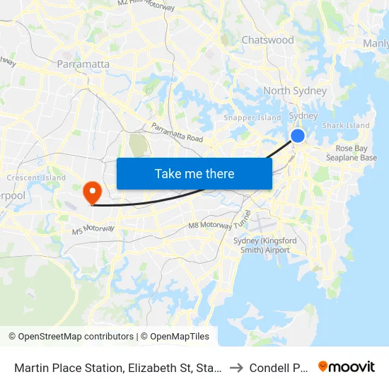 Martin Place Station, Elizabeth St, Stand G to Condell Park map