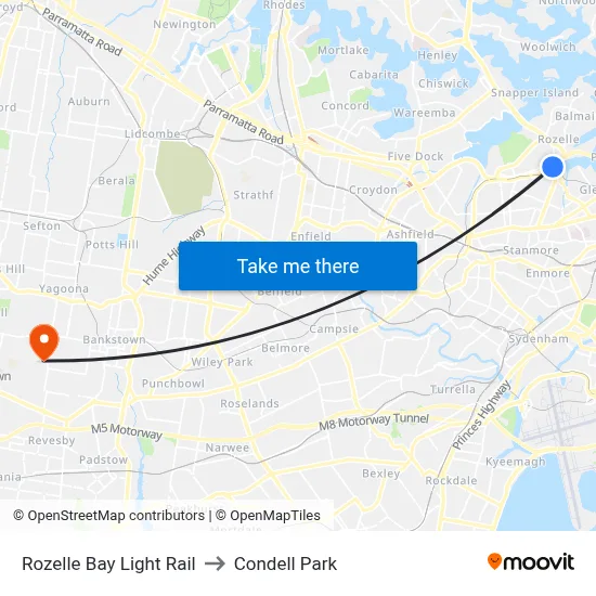 Rozelle Bay Light Rail to Condell Park map