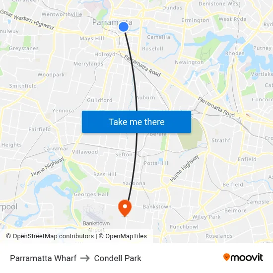 Parramatta Wharf to Condell Park map