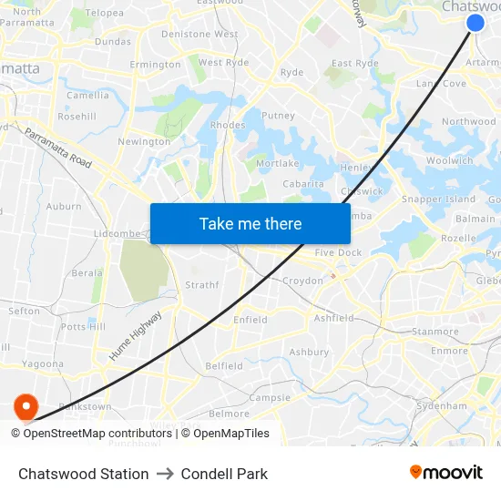 Chatswood Station to Condell Park map