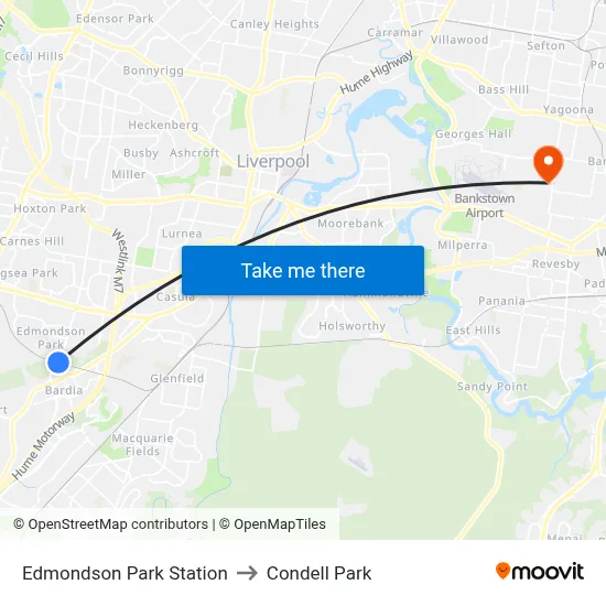 Edmondson Park Station to Condell Park map