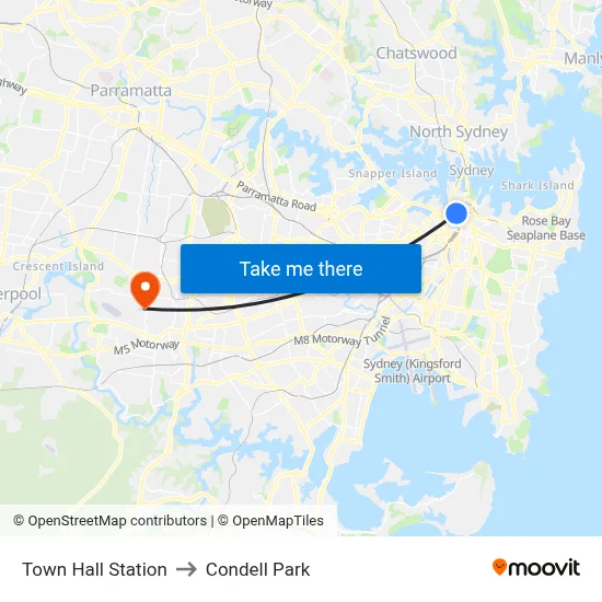 Town Hall Station to Condell Park map