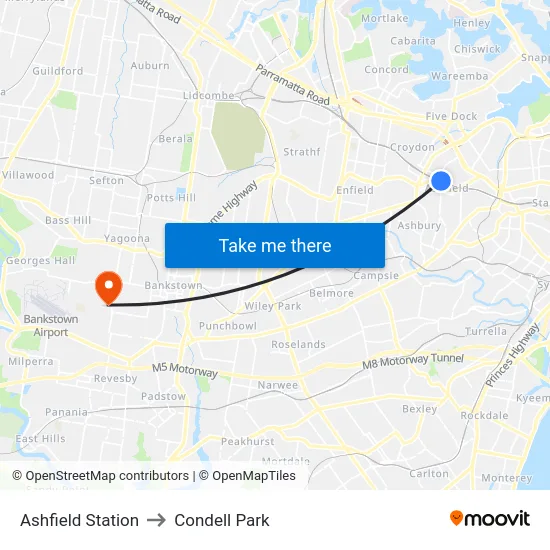 Ashfield Station to Condell Park map