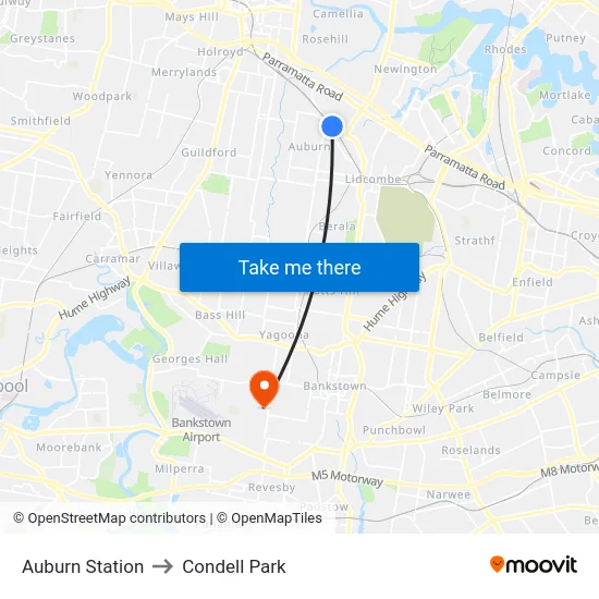 Auburn Station to Condell Park map