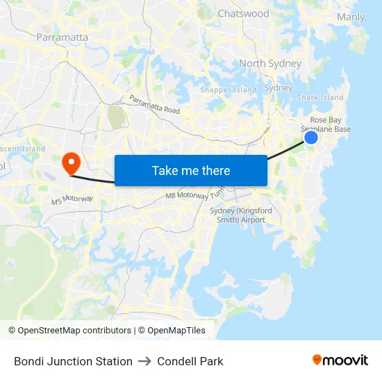 Bondi Junction Station to Condell Park map
