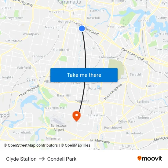 Clyde Station to Condell Park map