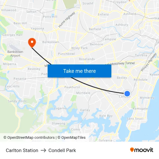 Carlton Station to Condell Park map