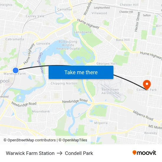 Warwick Farm Station to Condell Park map