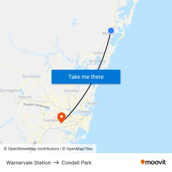 Warnervale Station to Condell Park map