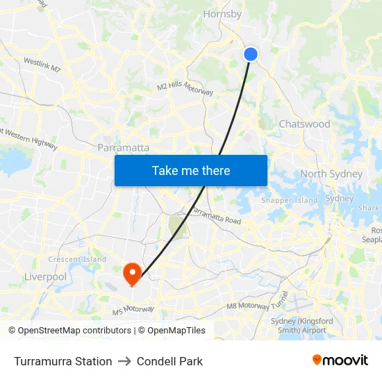 Turramurra Station to Condell Park map