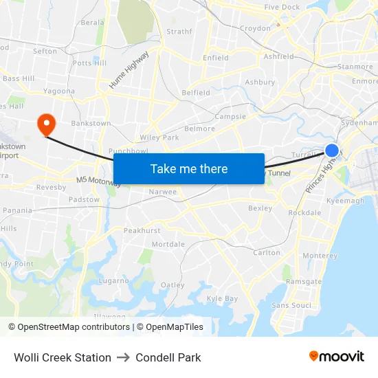 Wolli Creek Station to Condell Park map