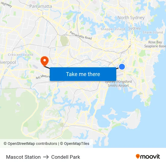Mascot Station to Condell Park map