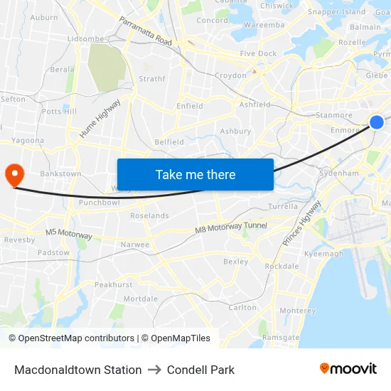 Macdonaldtown Station to Condell Park map