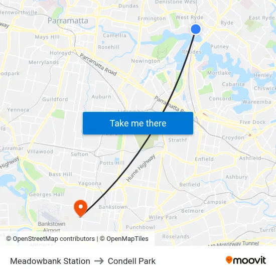 Meadowbank Station to Condell Park map