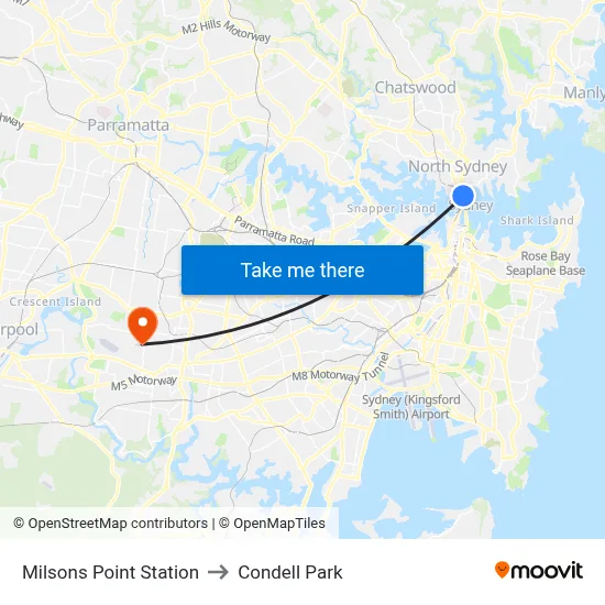 Milsons Point Station to Condell Park map