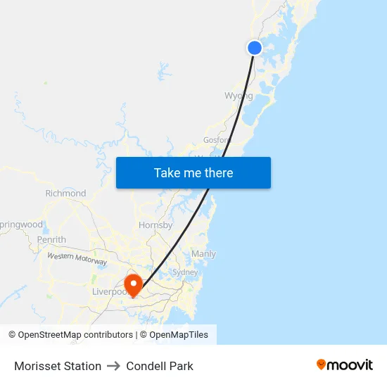 Morisset Station to Condell Park map