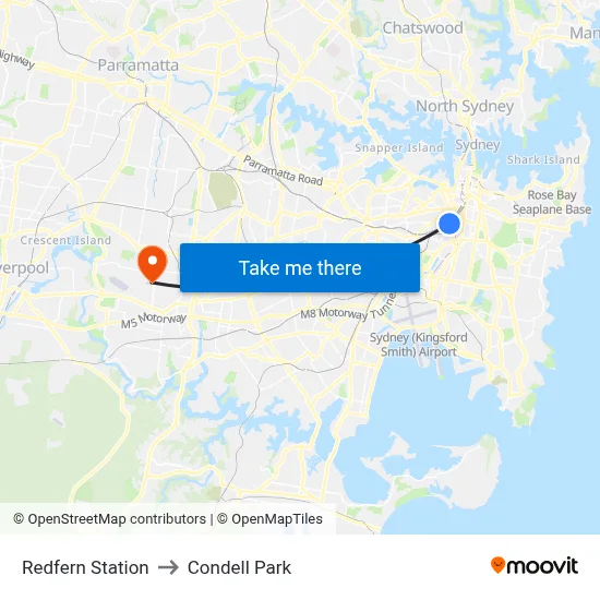 Redfern Station to Condell Park map