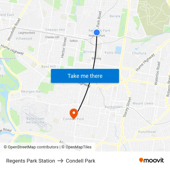 Regents Park Station to Condell Park map