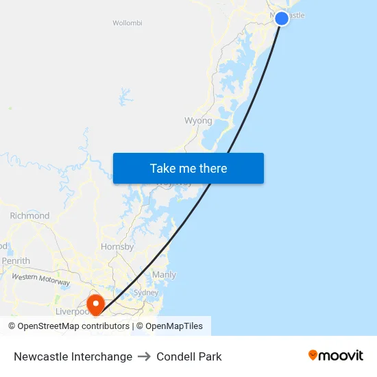 Newcastle Interchange to Condell Park map
