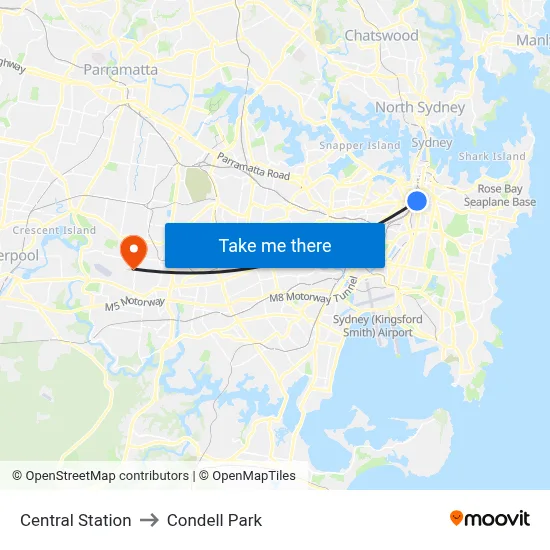 Central Station to Condell Park map