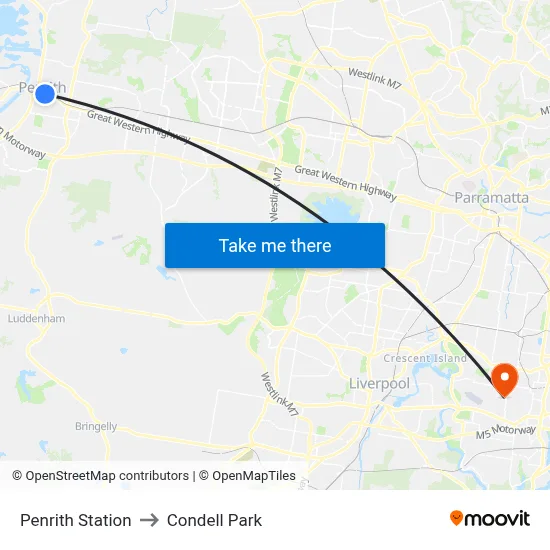 Penrith Station to Condell Park map