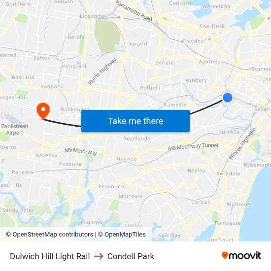 Dulwich Hill Light Rail to Condell Park map