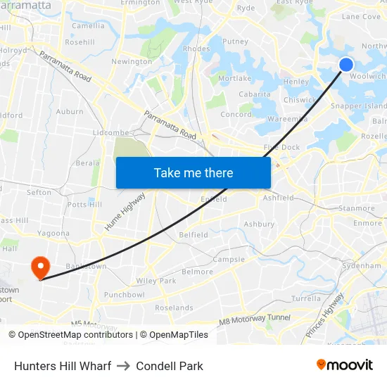 Hunters Hill Wharf to Condell Park map