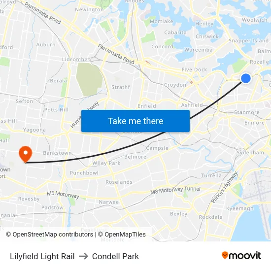 Lilyfield Light Rail to Condell Park map