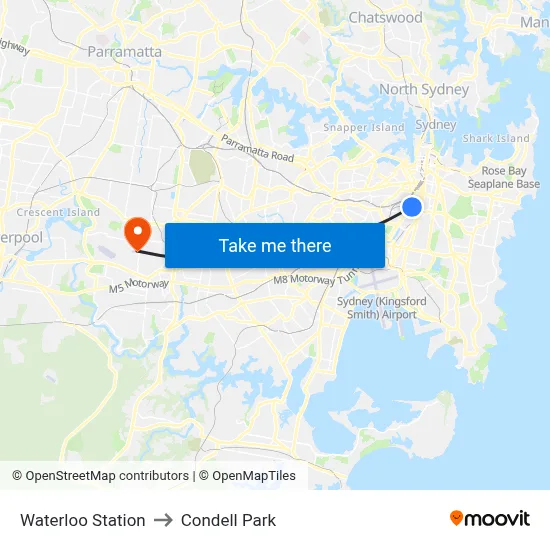 Waterloo Station to Condell Park map