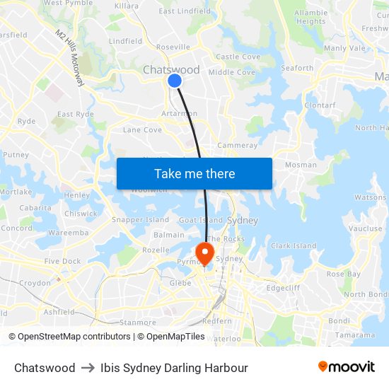 Chatswood to Ibis Sydney Darling Harbour map