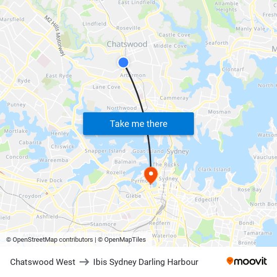 Chatswood West to Ibis Sydney Darling Harbour map