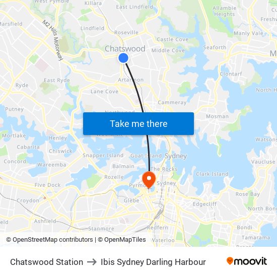 Chatswood Station to Ibis Sydney Darling Harbour map