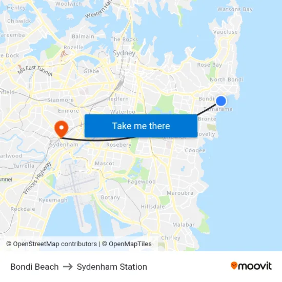 Bondi Beach to Sydenham Station map