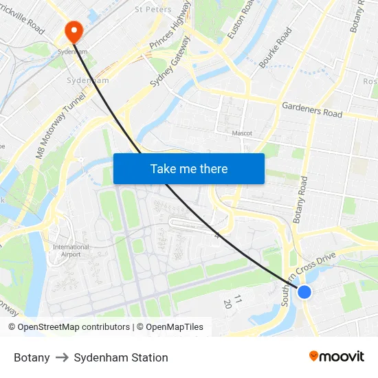 Botany to Sydenham Station map