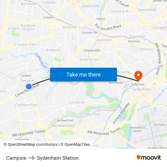 Campsie to Sydenham Station map
