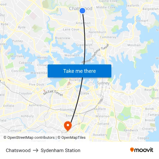 Chatswood to Sydenham Station map