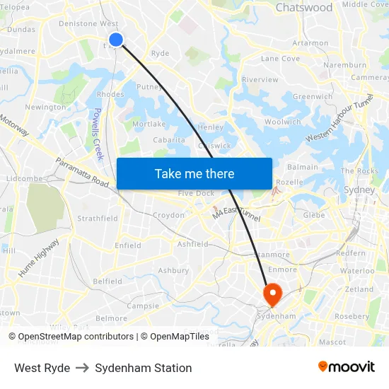 West Ryde to Sydenham Station map