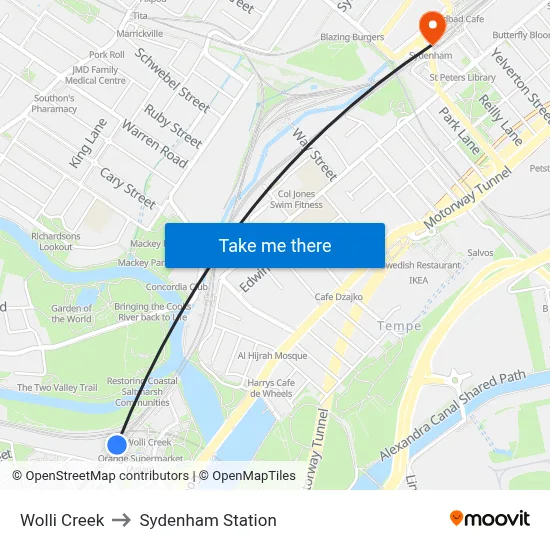 Wolli Creek to Sydenham Station map