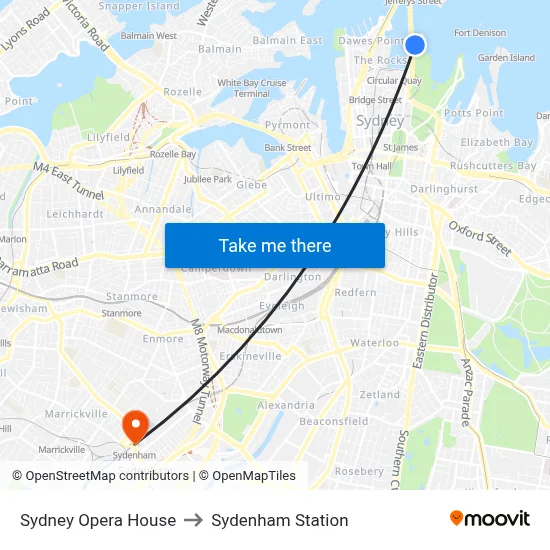 Sydney Opera House to Sydenham Station map