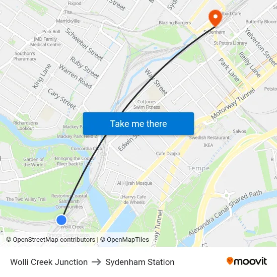 Wolli Creek Junction to Sydenham Station map