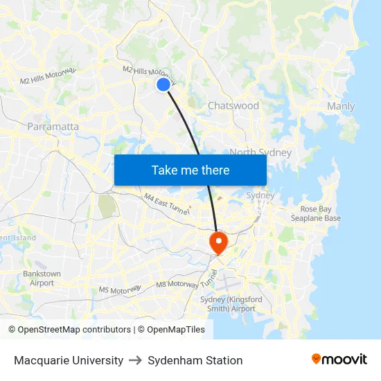 Macquarie University to Sydenham Station map