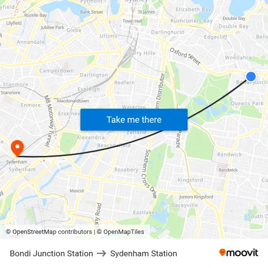 Bondi Junction Station to Sydenham Station map