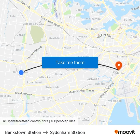 Bankstown Station to Sydenham Station map