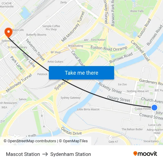 Mascot Station to Sydenham Station map