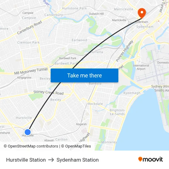 Hurstville Station to Sydenham Station map