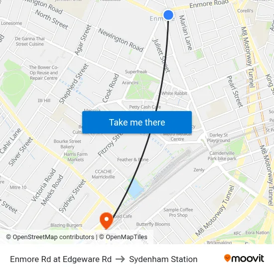 Enmore Rd at Edgeware Rd to Sydenham Station map